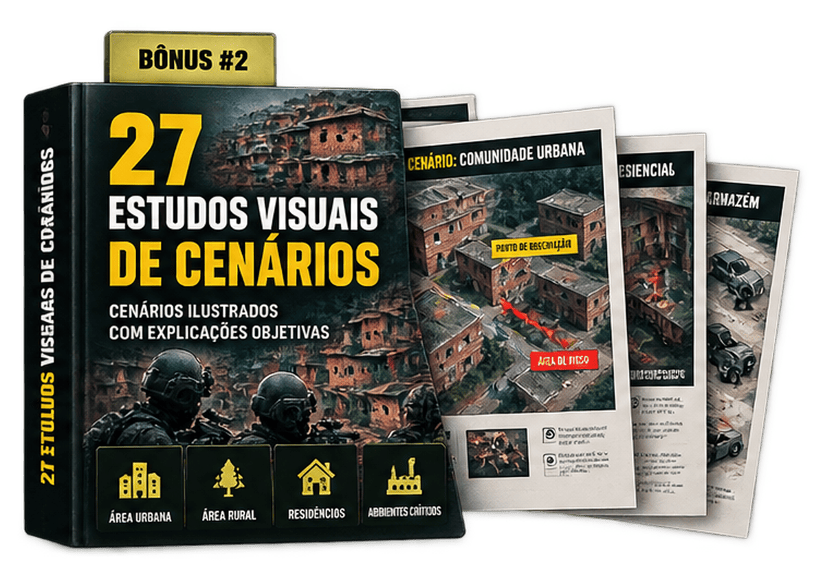 Capa do bônus 27 Estudos Visuais de Cenários: livro preto com título em amarelo e branco e três fichas com cenários ilustrados ao lado