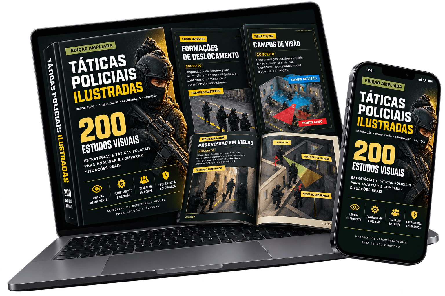 Representação ilustrativa do material digital em notebook e celular: capa do manual, fichas visuais e páginas abertas